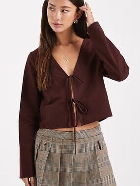 NWT Miss Selfridge long sleeve tie front top in chocolate